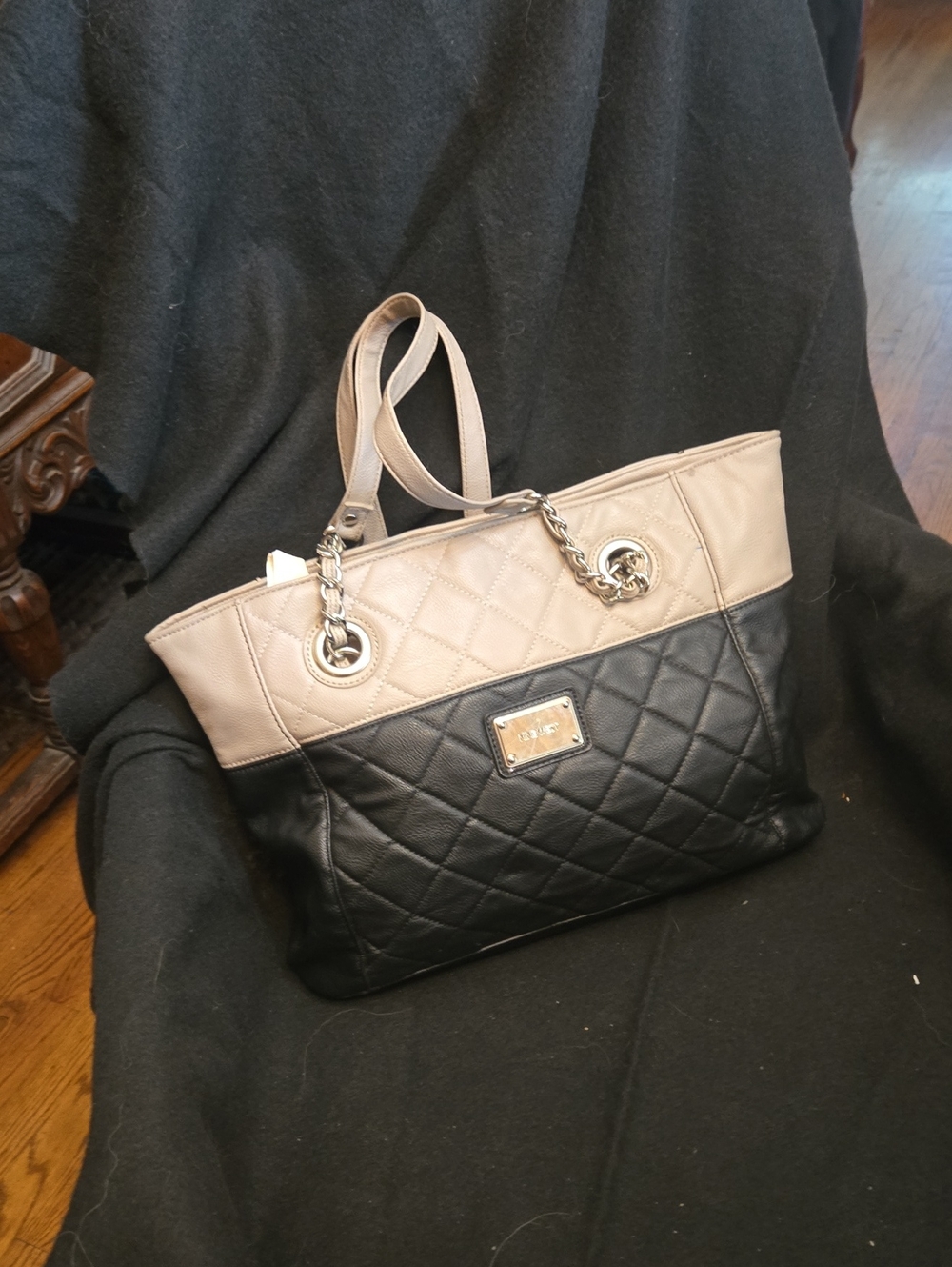 Nine West Quilted Two-Tone Tote Bag – Black & Taupe